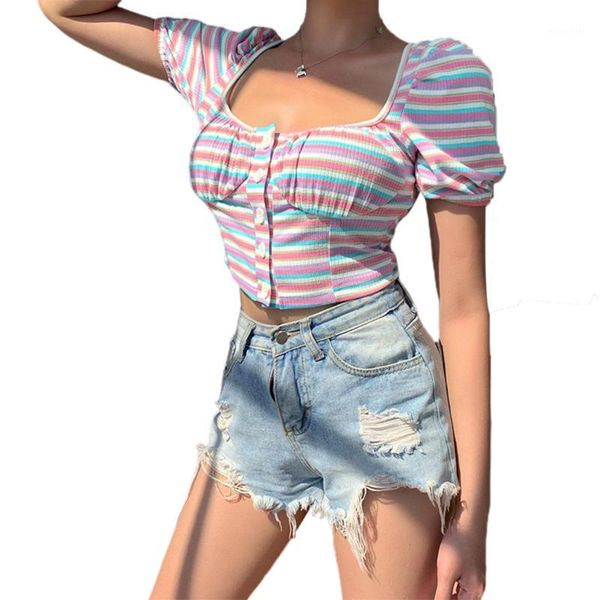 women bubble sleeve striped crop summer fashion casual buttons for ladies girls women's blouses & shirts, White
women bubble sleeve striped crop summer fashion casual buttons for ladies girls women's blouses & shirts, White