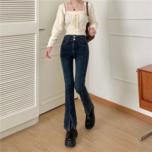 women's jeans dd0211 high-waisted slimming stitching split slim fit all-match micro-flared pants, Blue
women's jeans dd0211 high-waisted slimming stitching split slim fit all-match micro-flared pants, Blue