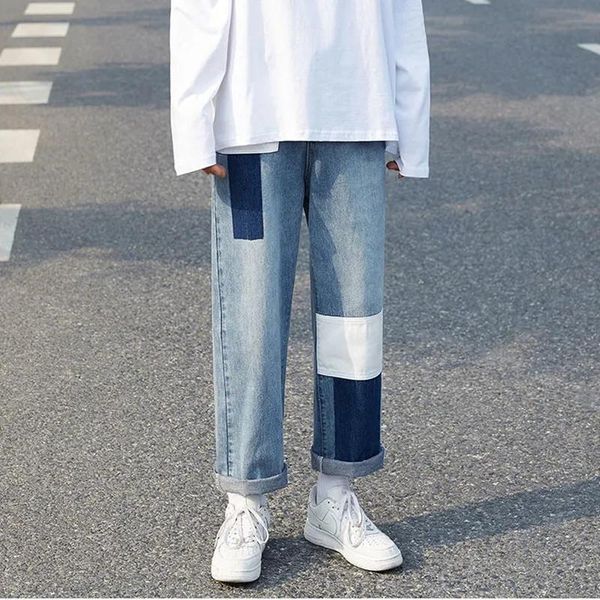 men's jeans 2021 stitching korean version of the trend loose mid-waist straight cropped pants autumn blue
men's jeans 2021 stitching korean version of the trend loose mid-waist straight cropped pants autumn blue