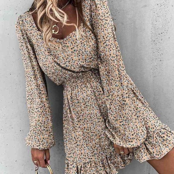 spring and autumn fashion women's mini dresses with square collar and elastic waist ruffle print sweet style hedging dress 210401, Black;gray
spring and autumn fashion women's mini dresses with square collar and elastic waist ruffle print sweet style hedging dress 210401, Black;gray