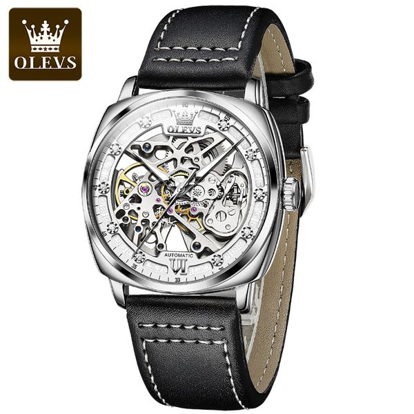 2021 olevs luxury men hollow ambitious mechanical clock fashion lighting waterproof brand sports relogio masculino 6651, Slivery;brown