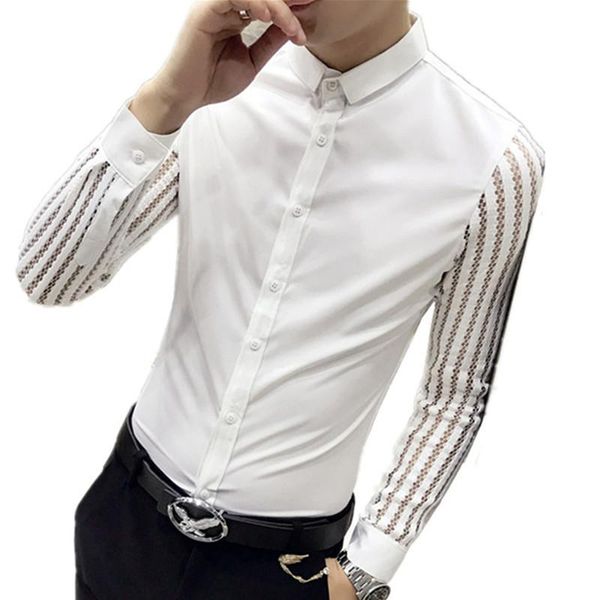 korean style long sleeve shirt casual men's single breaste lace cutout slim fit blouses shirts, White;black
korean style long sleeve shirt casual men's single breaste lace cutout slim fit blouses shirts, White;black