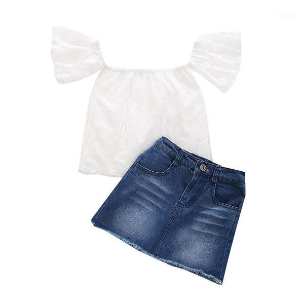 clothing sets 2021 summer kids baby girl off shoulder lace shirt denim a-line skirt 2pcs children girls set1, White 
clothing sets 2021 summer kids baby girl off shoulder lace shirt denim a-line skirt 2pcs children girls set1, White