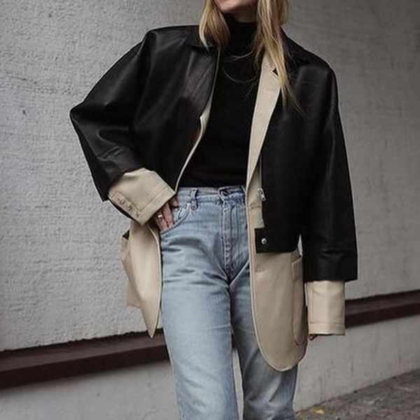 women's suits & blazers agong pu moto biker women fashion loose notched long sleeve jackets elegant zipper buttons female ladies, White;black
women's suits & blazers agong pu moto biker women fashion loose notched long sleeve jackets elegant zipper buttons female ladies, White;black