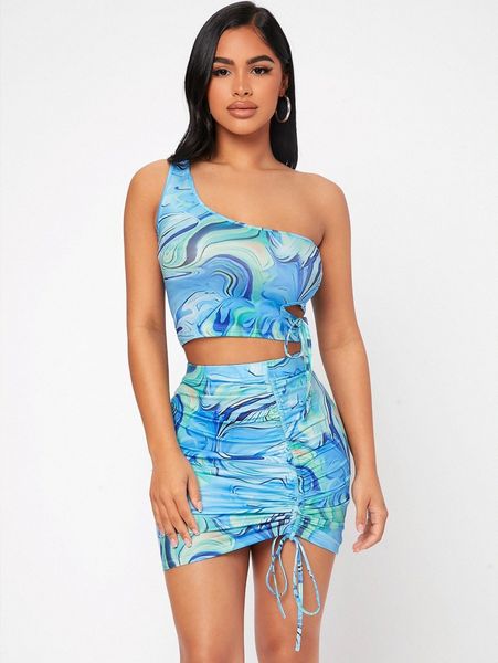 petite marble print one shoulder ruched and skirt set l9fe#, White