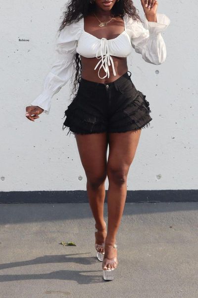 women's shorts summer women denim high waisted push up plus size layer tassel ruffles ripped flared slim jean, White;black
women's shorts summer women denim high waisted push up plus size layer tassel ruffles ripped flared slim jean, White;black