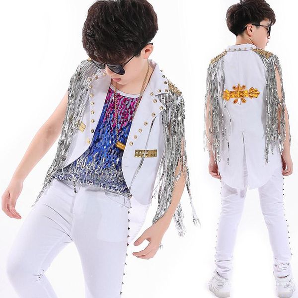 hip children silver tassel shawl jacket color vest boys sequin dance costume jazz stage dancing performance wear dnv10051, Black;red
hip children silver tassel shawl jacket color vest boys sequin dance costume jazz stage dancing performance wear dnv10051, Black;red