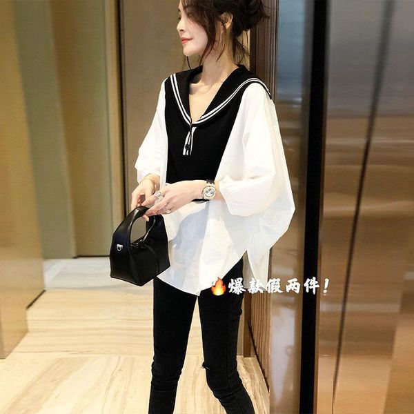 navy collar white shirt women 's fake two - piece 3/4 sleeve western style 2021 spring and summer women's t-shirt 
navy collar white shirt women 's fake two - piece 3/4 sleeve western style 2021 spring and summer women's t-shirt