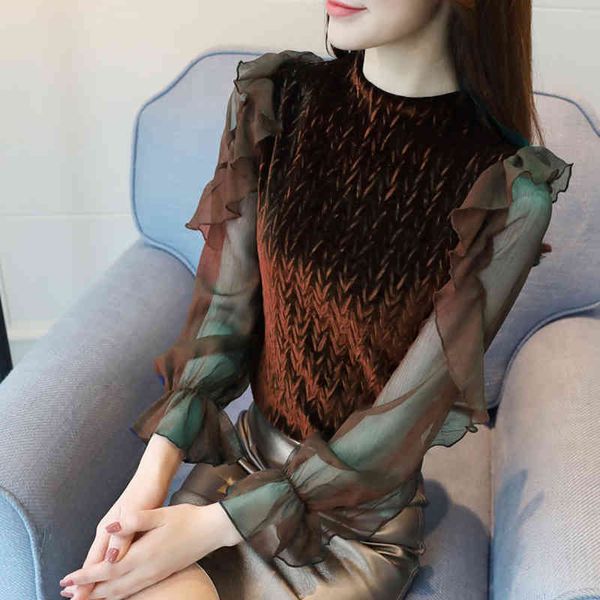 mesh ruffles splicing velour blouses shirt o-neck blusas femininas elegante transparent flare long sleeve women blouse 625j 210420, White
mesh ruffles splicing velour blouses shirt o-neck blusas femininas elegante transparent flare long sleeve women blouse 625j 210420, White