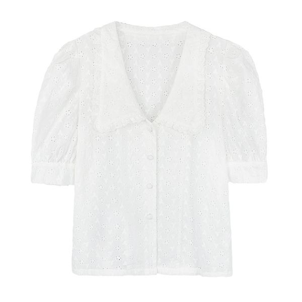 women shirt solid short sleeve puff summer turn down collar white lace embroidery elegant b0604 210514
women shirt solid short sleeve puff summer turn down collar white lace embroidery elegant b0604 210514