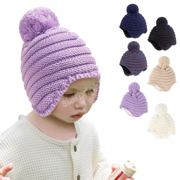 winter baby kids knitted hat wool ball children earmuff warm beanies caps, Yellow