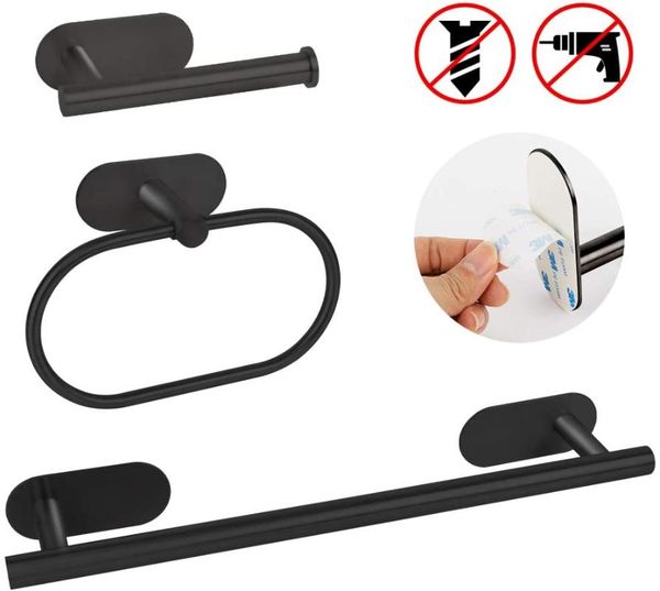 bath accessory set black adhesive towel bar bathroom rod, toilet paper holder, ring stainless steel accessories
