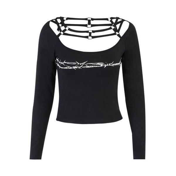 women's t-shirt dark black hollow out long sleeve round neck bottomed 2021 tie stitching printed costumes, White
women's t-shirt dark black hollow out long sleeve round neck bottomed 2021 tie stitching printed costumes, White