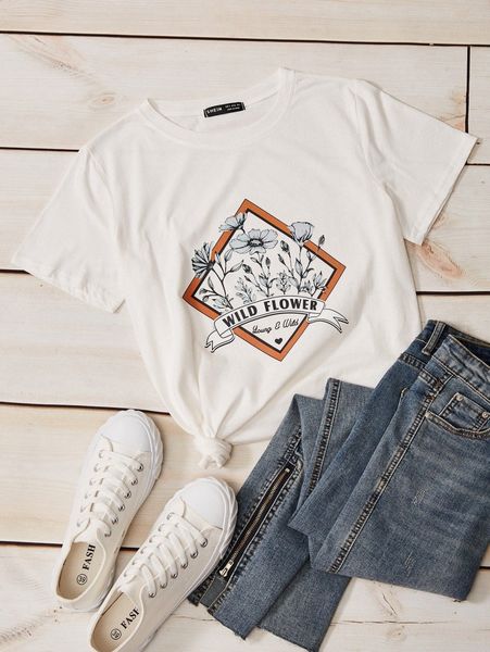 letter & floral graphic tee l7ih#, White