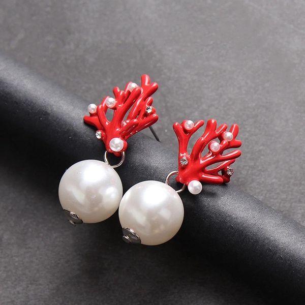 red coral deer antler christmas earrings white faux pearl stud earring fashion xmas gift jewelry holiday party ear accessories, Golden;silver
red coral deer antler christmas earrings white faux pearl stud earring fashion xmas gift jewelry holiday party ear accessories, Golden;silver