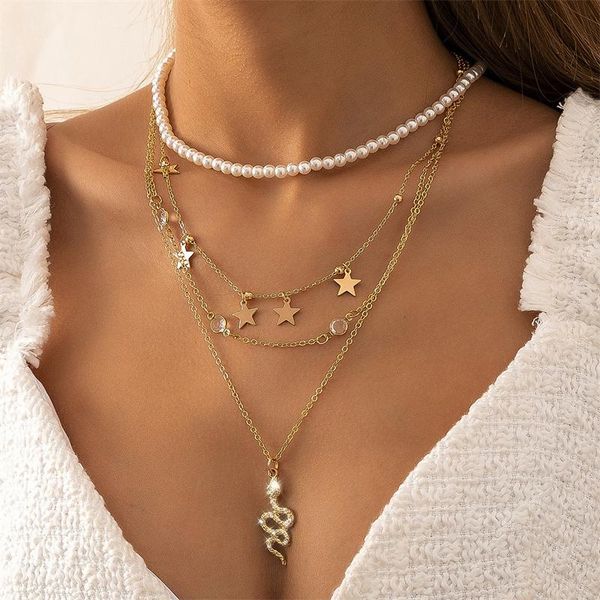 pendant necklaces punk imitation pearl stitching geometric chain necklace trendy cold wind star and moon rhinestone dragon, Silver 
pendant necklaces punk imitation pearl stitching geometric chain necklace trendy cold wind star and moon rhinestone dragon, Silver