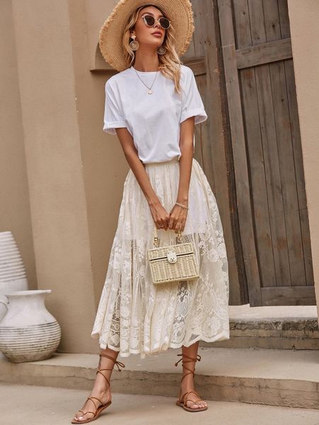 lace scallop sheer flared skirt 37s4#, White;black
