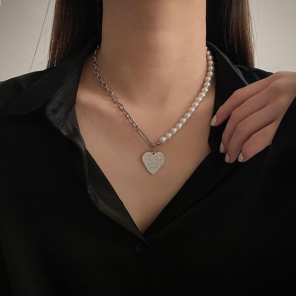 pendant necklaces minar titanium steel asymmetric linked chains for women letter print love heart imitation pearl chokers necklace gift, Silver
pendant necklaces minar titanium steel asymmetric linked chains for women letter print love heart imitation pearl chokers necklace gift, Silver