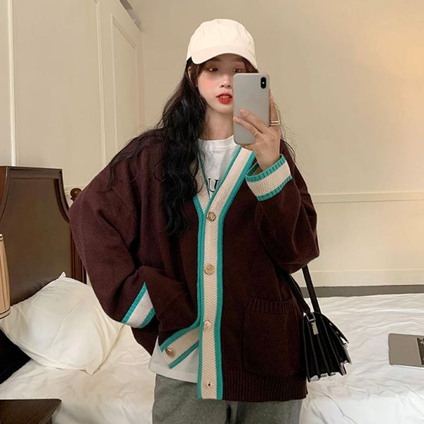 women's knits & tees korean style loose contrast color casual lazy design knit sweater cardigan jacket women all-match, White
women's knits & tees korean style loose contrast color casual lazy design knit sweater cardigan jacket women all-match, White