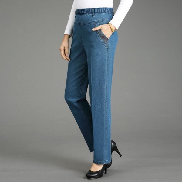 women's jeans new middle aged and old high waist jeans large loose elastic mother's pants embroidered, Blue
women's jeans new middle aged and old high waist jeans large loose elastic mother's pants embroidered, Blue