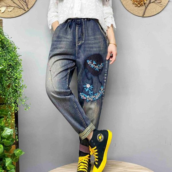 women's jeans fairynatural korean style straight pants female streetwear loose denim harem trousers women print retro elastic waist, Blue
women's jeans fairynatural korean style straight pants female streetwear loose denim harem trousers women print retro elastic waist, Blue
