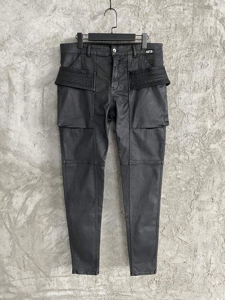 men's jeans men wax coating black cargo, Blue