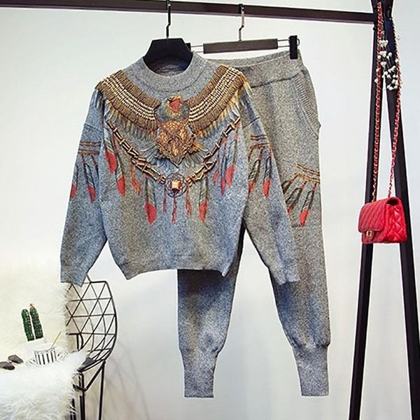 fashion o neck long sleeve tracksuit outfits manual beaded eagle print pullover knitted casual pencil pants knit 2pc sets women's two, White
fashion o neck long sleeve tracksuit outfits manual beaded eagle print pullover knitted casual pencil pants knit 2pc sets women's two, White