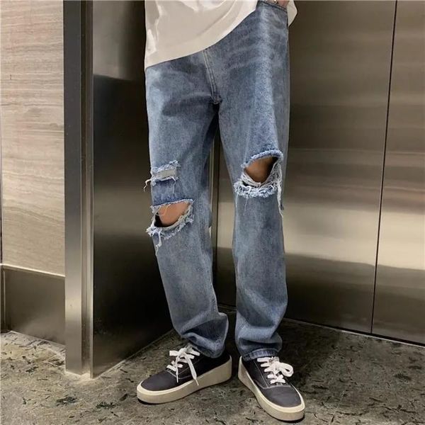 men's jeans fashion casual ripped korean style loose trend straight cropped pants, Blue
men's jeans fashion casual ripped korean style loose trend straight cropped pants, Blue
