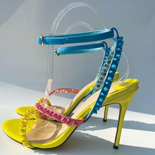 sandals est yellow pink blue rivets high heels ankle strap patchwork studded dress shoes cut-out stiletto wedding, Black
sandals est yellow pink blue rivets high heels ankle strap patchwork studded dress shoes cut-out stiletto wedding, Black