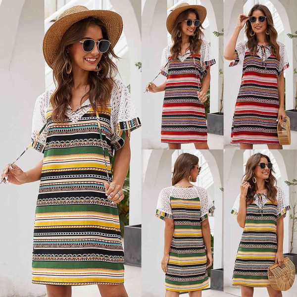 summer chiffon striped print mini dress short sleeve lace patchwork women elegant holiday beach party vestidos robe 210520, Black;gray
summer chiffon striped print mini dress short sleeve lace patchwork women elegant holiday beach party vestidos robe 210520, Black;gray