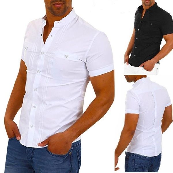 men's casual shirts 2021 short-sleeved stitching shirt top, White;black