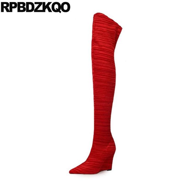 boots exotic dancer crotch high heel thigh for plus size women pole dancing red wedge shoes slim big over the knee crossdresser, Black