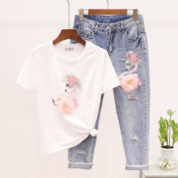 piece set women spring summer outfit fashion beads flamingo printed cotton t-shirt + holes jeans conjunto feminino two dress, White
piece set women spring summer outfit fashion beads flamingo printed cotton t-shirt + holes jeans conjunto feminino two dress, White