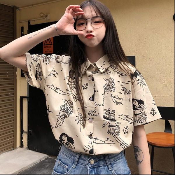 women turn down shirts collar button and blouses female casual print retro short sleeve shirt beach style chiffon, White
women turn down shirts collar button and blouses female casual print retro short sleeve shirt beach style chiffon, White
