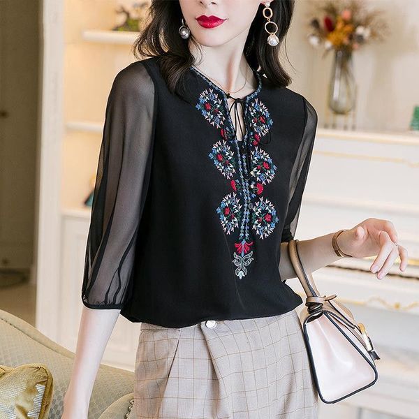 women spring summer style chiffon blouses shirts lady casual half sleeve v-neck embroidery df3827 women's &, White
women spring summer style chiffon blouses shirts lady casual half sleeve v-neck embroidery df3827 women's &, White