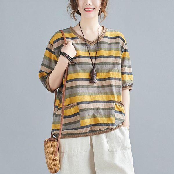women summer loose casual t-shirts new arrival simple style v-neck striped cotton linen female short sleeve tees s3586 210412, White
women summer loose casual t-shirts new arrival simple style v-neck striped cotton linen female short sleeve tees s3586 210412, White