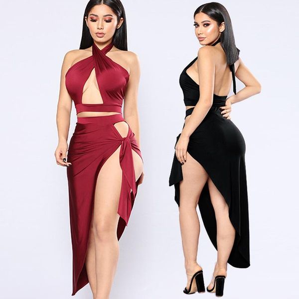 temperament hanging neck sleeveless straps long skirt suit fashion casual irregular high slit hollow nightclub slim set women's two pie, White
temperament hanging neck sleeveless straps long skirt suit fashion casual irregular high slit hollow nightclub slim set women's two pie, White