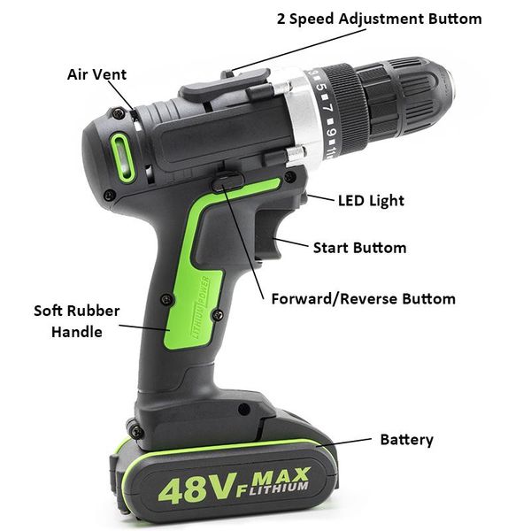 professiona electric drills 48v cordless impact drill 25-28nm torque rechargeable home garden with 1 or 2 li-ion battery
professiona electric drills 48v cordless impact drill 25-28nm torque rechargeable home garden with 1 or 2 li-ion battery