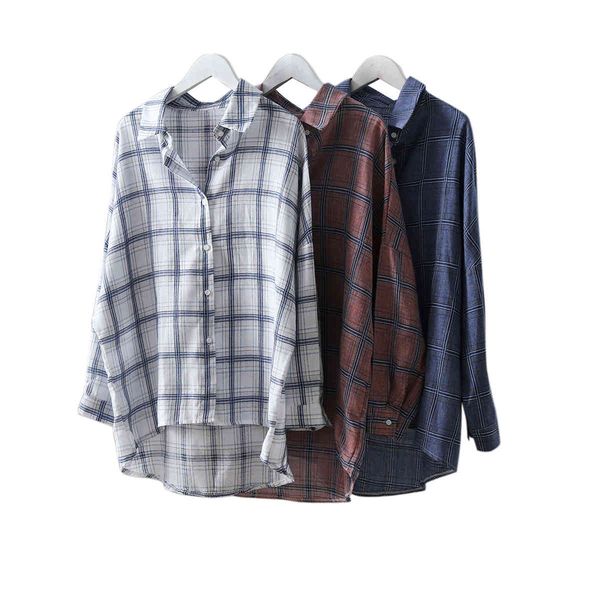 women blouses shirt sleeve plaid female long korean loose coat casual womens clothing 575j 210420, White
women blouses shirt sleeve plaid female long korean loose coat casual womens clothing 575j 210420, White