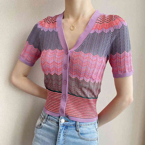 knits summer women designer color block wave striped knit sweaters short sleeve v-neck single breasted cardigan a05, White
knits summer women designer color block wave striped knit sweaters short sleeve v-neck single breasted cardigan a05, White