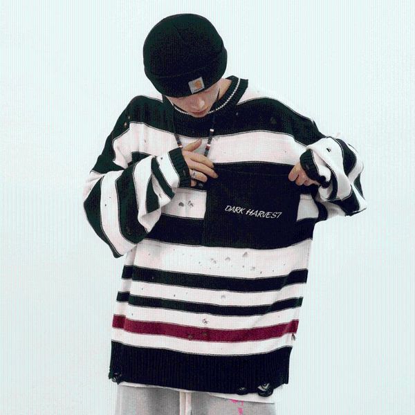 men's sweaters eukaaru stripe ripped sweater fashion loose knitted autumn pullover women streetwear oversized winter, White;black
men's sweaters eukaaru stripe ripped sweater fashion loose knitted autumn pullover women streetwear oversized winter, White;black