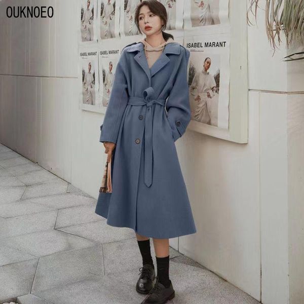 women's wool & blends woman long coat korean preppy style retro belt high collar keep warm woolen oversize windbreaker 2021 winter wome, Black