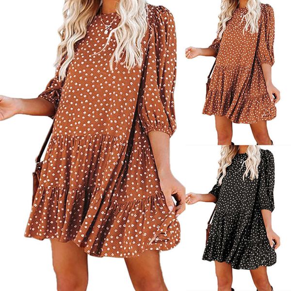 casual dresses 2021 women's lantern sve round neck polka dot drs, Black;gray 
casual dresses 2021 women's lantern sve round neck polka dot drs, Black;gray