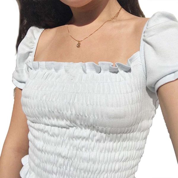 women's t-shirt knitted stretch purse sleeves short summer square collar pleated, White
women's t-shirt knitted stretch purse sleeves short summer square collar pleated, White