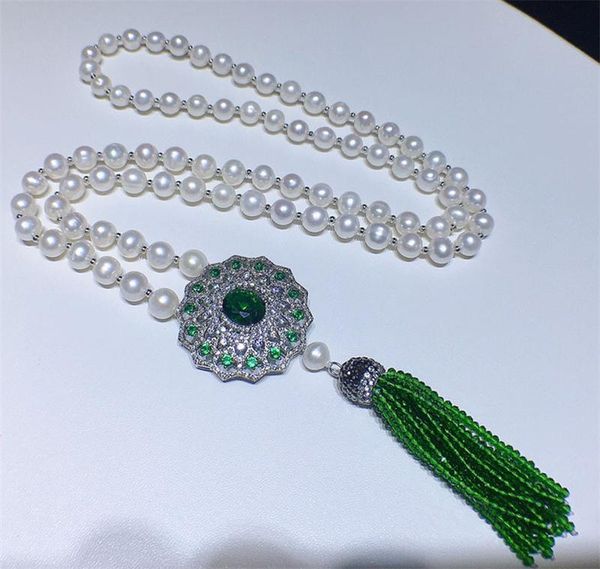 

pendant necklaces habitoo natural long strand 10-11mm white freshwater pearl necklace 26inch green crystal flower cubic zircon tassel, Silver