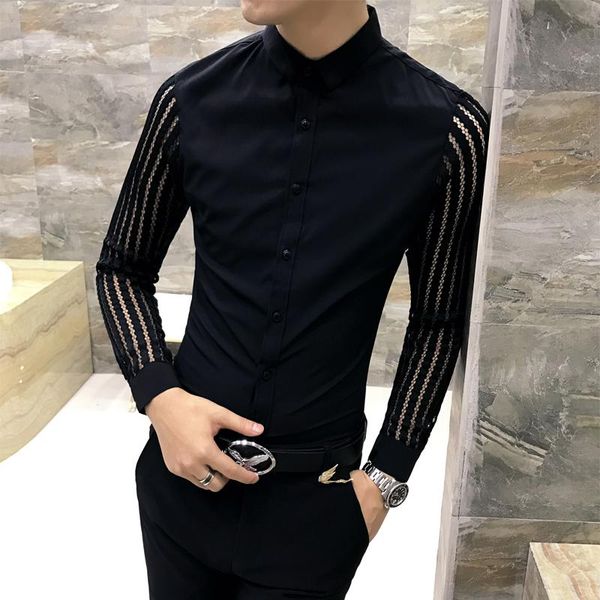 latest men's casual shirt black white long sleeve dress men hollow lace sleeved slim fit skinny mens shirts, White;black
latest men's casual shirt black white long sleeve dress men hollow lace sleeved slim fit skinny mens shirts, White;black