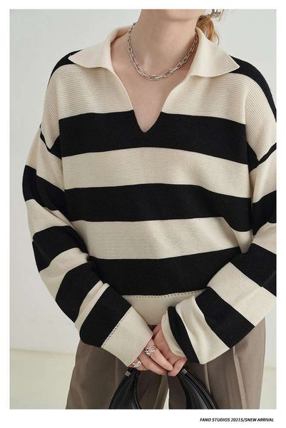 fanluo autumn wool casual polo neck stripe loose sweater design style knitted top, White;black
fanluo autumn wool casual polo neck stripe loose sweater design style knitted top, White;black