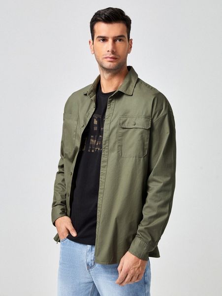 men single breasted patch pocket shacket s8pw#, Black;brown