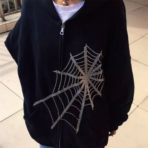 spider web drilling hoodie women 2000s vintage casual gothic long sleeve zipper coat y2k streetwear harajuku oversize 210910, Black
spider web drilling hoodie women 2000s vintage casual gothic long sleeve zipper coat y2k streetwear harajuku oversize 210910, Black
