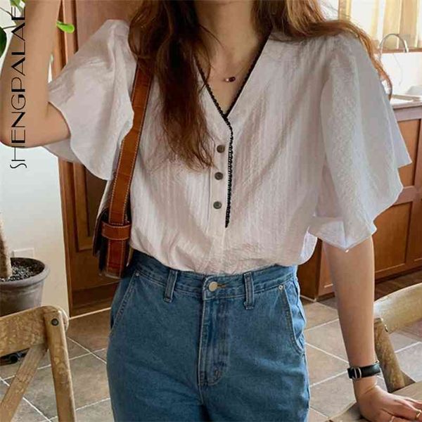 sweet three button lace edge contrast blouse women's summer v-neck loose short fly sleeve shirt female 5c38 210427, White
sweet three button lace edge contrast blouse women's summer v-neck loose short fly sleeve shirt female 5c38 210427, White